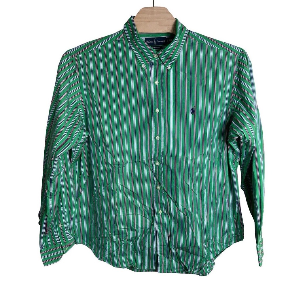 Ralph Lauren Classic Fit Green Striped Button Down Shirt XXL Mens Long Sleeve